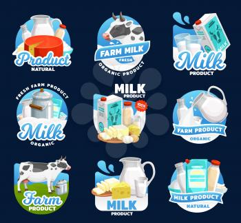 Farm milk vector icons of dairy food products with cheese, butter and cream. Yogurt and cow milk in bottles glasses and jugs, sour cream, cottage cheese and curd symbols with drops and splashes