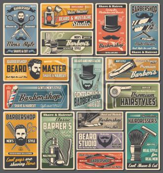 Barbershop, beard, mustache and hair salon retro banners. Vector barber shop poles, hairdresser chairs, haircut shavers and scissors, bearded hipsters, straight razors and clippers, blades and combs
