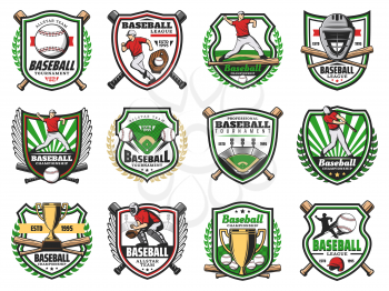 Baseball sport emblems, softball team club badges and league tournament game icons. Vector baseball ball, player quarterback with bat and laurel, victory championship cup on arena field