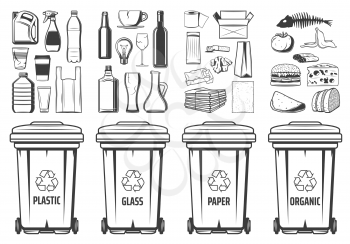 Trash recycling bins icons, plastic, glass or paper and organic wastes PET symbols. Vector recycle bin containers with food wastes and reusable litter, garbage segregation and environment conservation
