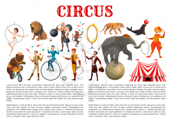 Circus entertainment show animal tamers, clowns and equilibrists, magician illusionist and muscleman. Vector big top circus lion in fire ring, elephant balancing on ball and monkey juggling pins