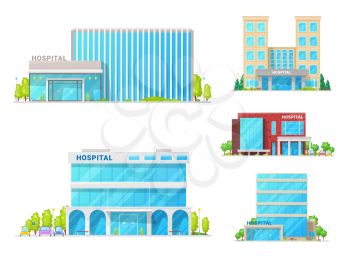 Hospital buildings, clinic ambulance and medical institution architecture facade icons. Vector modern medical center or state clinic buildings, modern urban infrastructure