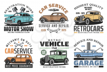 Vintage old cars repair service, rarity vehicle motors garage station icons. Vector retro transport restoration works center, engine repair, mechanic maintenance and check-up diagnostics