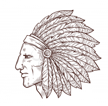 Indian chief head and traditional eagle feathers headdress, sketch engraving icon. Vector Western and native American tribe culture symbol of Indian chief warrior, monochrome icon
