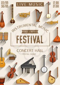 Live music festival, sound band concert hall performance poster. Vector music instruments, piano, violin and jazz saxophone, folk guitars, Russian accordion harmonica, Japanese shamisen and mandolin