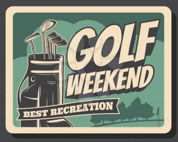Golf club, premium leisure sport and best recreation weekend vintage retro poster. Vector professional golf championship tournament, golf ball and stick in bag and flag on putter
