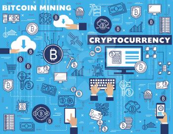 Bitcoin mining, cryptocurrency blockchain and digital money technology. Vector bit coins and crypto currency cloud computer network, virtual block chain exchange and mobile payment transactions