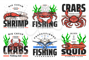 Fishing club, seafood and big fish catch tournament icons. Vector fisher equipment tackles, rods and lures for sea crab, ocean lobster and squid, marlin fish, shrimp and prawn in ship net