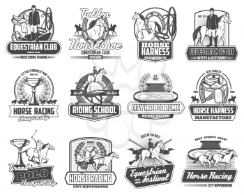 Equestrian horse races and equine sport club championship cup heraldic emblems. Vector jockey polo tournament, horse racing school sign, harness manufactory shop and equestrian festival