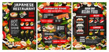 Japanese sushi bar, Asian cuisine food and sashimi rolls menu. Vector Japan restaurant dinner and lunch buffet food offer, California roll and Philadelphia sushi, temaki and gunkan, fish and seafood