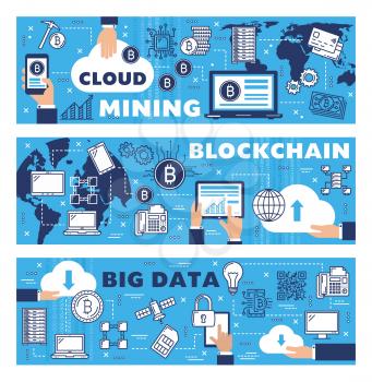 Bitcoin mining, cryptocurrency blockchain and internet data storage on computer cloud. Vector digital technology in data transfer, bit coins and crypto currency transactions network
