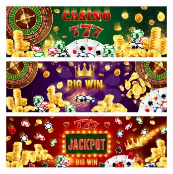 Casino poker gamble game, wheel of fortune roulette jackpot money big win. Vector jackpot golden coins, online casino gambling, lucky spin slot machine, playing cards, chips and dice in neon sign