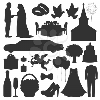Wedding silhouette icons of wedding rings, bride and bridegroom at church, dove and angel. Vector marriage ceremony organization, cakes and champagne, dress and flowers bouquet, tuxedo bow and gifts
