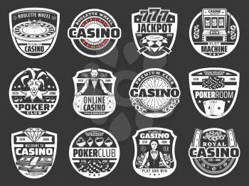 Casino poker game, roulette jackpot money win, golden coins splash. Vector online casino gambling game and wheel of fortune lucky slot machine, playing cards, chip and dice in neon sign