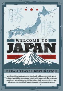 Japan travel and Tokyo city tourism retro vintage poster. Vector Japanese culture and tradition, sightseeing landmarks and tourist attraction trips to Fuji mount, Japan map and hieroglyphs
