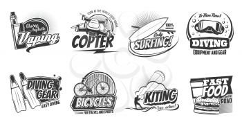 Sports activity and hobby leisure entertainment icons. Vector scuba diving school and equipment shop, vaping e-cigarette and ocean surfing, sea kiting and street fast food cafe sign