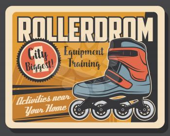 Rollerdrom rink and roller skate activity rink vintage retro poster. Vector summer roller skaters park and training equipment rental, professional and hobby outdoor leisure activity
