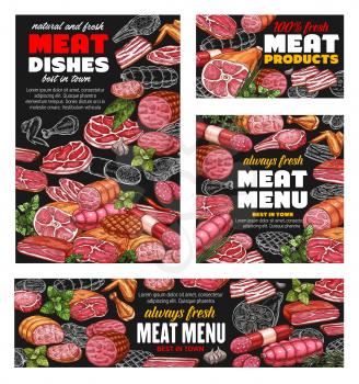 Butcher shop meat food menu, sausages and butchery gourmet delicatessen. Vector farm butchery products pork, lamb and beef steak or ham and bacon, filet and mutton ribs, salami and cervelat sausages