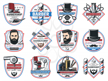 Barbershop salon, gentleman and hipster barber shop hairdresser premium signs. Vector icons of beard and mustaches, barber shop chair, shaving razor blade, hair comb and barber scissors