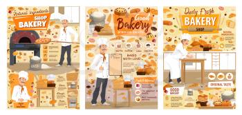 Bakery shop bread, pizza, desserts and pastry sweet cookies. Vector baker man in chef hat at kitchen oven kneading dough, cooking patisserie cakes, croissants, pancakes and wheat pies