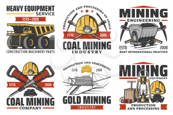 Coal production, mining industry icons, professional equipment, machinery excavation and transportation service. Vector coal mine bulldozer, extraction factory, miner tools and equipment signs