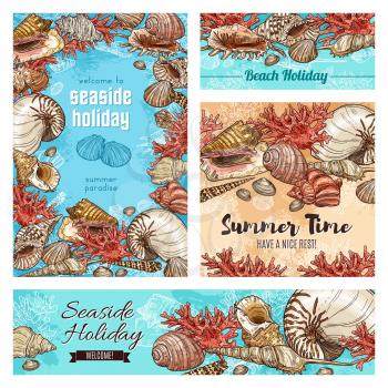 Summer vacation and beach holidays, welcome to paradise sketch posters and banners. Vector Welcome to seaside holiday, sea shells and ocean corals, summer travel vacations journey and spa resort