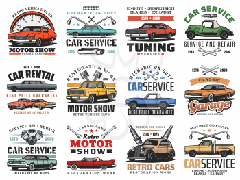 Car maintenance service, automobile repair and diagnostics auto center icons. Vector retro cars motor show and vintage automobile club, rental and tuning, engine oil replacement and tow truck service
