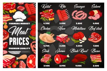 Butcher shop meat and sausages price menu, farm market butchery food products. Vector butcher gastronomy kotelets, mutton ribs and salami sausage, chicken poultry and beef steak, ham and pork bacon