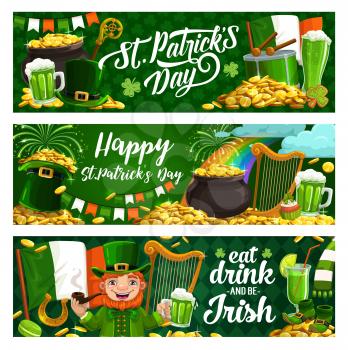 Happy Saint Patrick Day, luck shamrock and leprechaun gold coins in cauldron pot banners. Vector St Patrick Day Irish holiday party, leprechaun with green beer mug and Ireland flags