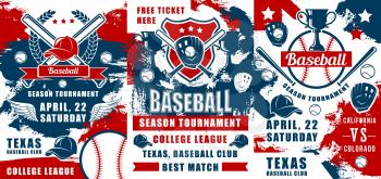 Baseball sport tournament trophy cups, balls and bats, catcher gloves and pitcher uniform caps vector banners. College league match invitations, sporting competition themes