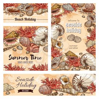 Seashells of sea mollusk with corals vector frame of sketched shells of marine clam, snail, chiton and tusk, scallop, nautilus and cockleshell. Tropical beach holiday and summer paradise banners