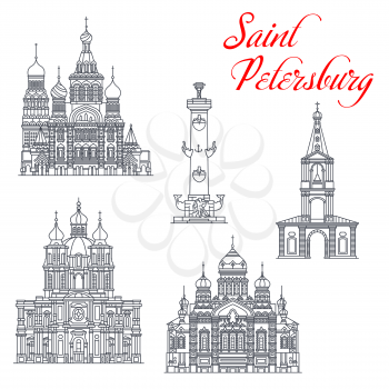 Saint Petersburg and Russia travel landmark vector icons. Church of Savior on Spilled Blood, Smolny Cathedral and Church of Assumption of Blessed Mary, Rostral Columns, Bell Tower of Anna Church