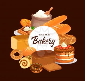 Bakery bread, wheat pastries and sweet food. Vector cereal loaves, baguettes and bun, baker flour bag, cake and sandwich toast, bagel, donut, swiss roll and waffle, ciabatta and challah frame