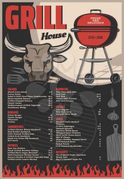 Grill house or barbecue restaurant menu vector template of bbq meat food. Vintage charcoal grill with barbeque chef fork and spatula, fire flame, cutting board and cow head, garlic and onion
