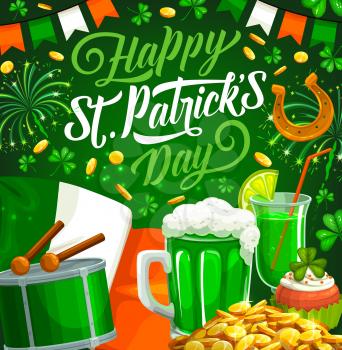 St Patricks Day vector design of Irish holiday. Green clovers, celtic lucky shamrock leaves and beer, leprechaun gold coins and lucky horseshoe, flag of Ireland, drum, festive bunting and firework