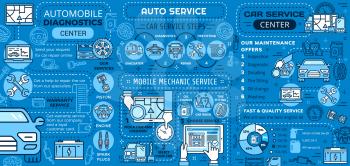 Auto service infographics with vector graphs and charts of auto engine repair, diagnostics and maintenance. Wheel tire, spark plugs and motor oil, battery, pistons, wrench and spanner thin line icons