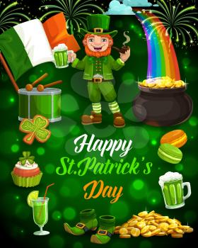 Leprechaun with St Patricks Day green beer, shamrock and gold pot vector greeting card. Irish elf, green hat and golden coins, treasure cauldron on rainbow, flag of Ireland, fireworks and drum