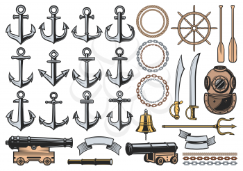 Nautical icons with vector sea ship anchors, ropes and chains, sail boat helm, bell and vintage diver helmet, old naval cannon, paddles, trident and ribbon banners. Marine heraldic symbols design