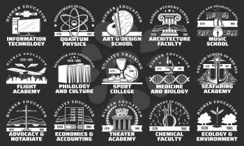 University, school, college and academy vector badges of education design. Books, music instruments, chemical microscope and lab glass, sport trophy, art items and nautical anchor, DNA and atom icons