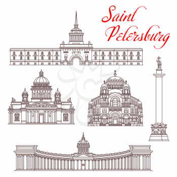Russian travel landmarks vector design. Architecture of Saint Petersburg thin line icons of Admiralty Building and Alexander Column, Kazan, St Isaac and Naval Cathedral in Kronstadt