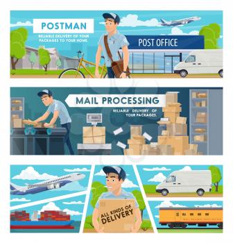 Mail delivery, post office and postal transportation services vector design. Postmen with parcel boxes, letters, packages and envelopes, trucks, bicycle and planes, train, ship and stockroom conveyor
