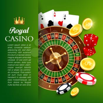 Casino, online gambling games vector design. Realistic roulette wheel, poker cards, casino chips and dice with jackpot golden coins and gold crown poster, game of chance and sport betting themes
