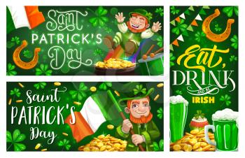 St Patrick day shamrock clovers and leprechaun gold, Irish traditional holiday, vector banners. Saint Patrick day leprechaun with Ireland flag and coins pot, golden horseshoe and green pint mug