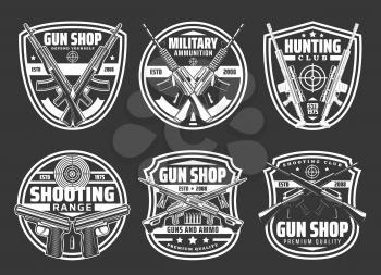 Guns and ammo shop, hunting sport club and shooting range vector badges. Rifles, military weapon, bullets and targets, pistols, revolvers and hunter shotguns, firearm and ammunition monochrome icons