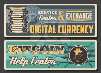 Digital currency vector banners of bitcoin exchange and service center design. Stack of bit coins and crypto currency, blockchain and digital money wallet technology