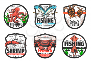 Sea fishing vector icons with fish, seafood, fisherman rod and net. Crab, octopus and squid, tuna, shrimp and salmon, sea turtle, ocean prawn and anchor, seaweed and corals badges, fishing club design