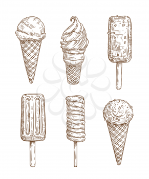 Ice cream with waffle cone and stick sketches of food design. Vector chocolate, vanilla and strawberry scoops, soft ice cream and gelato, fruit sorbet, glazed bar and popsicle, summer dessert themes