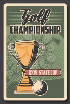Golf sport championship cup vector design of golf ball, club, golden winner trophy and laurel wreath. Sporting competition retro poster or sport club invitation flyer design