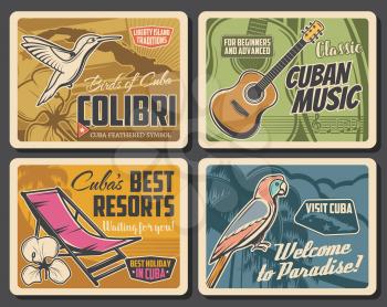 Cuba travel vector posters of Cuban beach resorts and tourism design. Map of tropical island, Caribbean royal palm tree and parrot, Cuban tres guitar, mariposa flowers, colibri and lounge chair