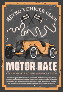 Retro sport car with auto racing flags and motorsport racetrack vector design. Vintage vehicle club, motor show, rally tournament or automobile racing poster of sporting competition themes